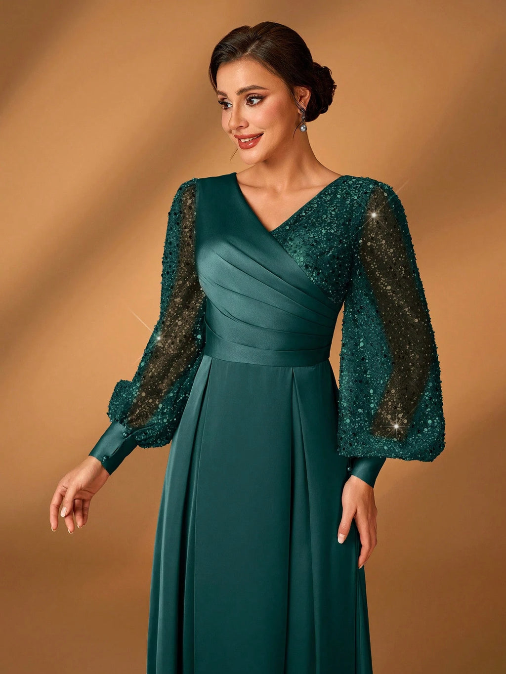 Serin Women's Navy Blue Winter Formal Elegant Evening Formal Glitter Sequins & Satin Mixed Lantern Sleeve - image 12