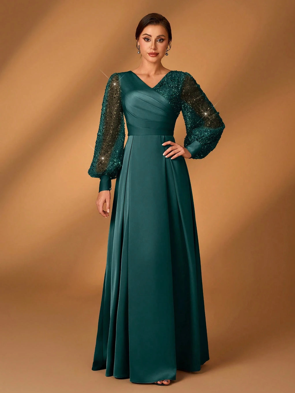 Serin Women's Navy Blue Winter Formal Elegant Evening Formal Glitter Sequins & Satin Mixed Lantern Sleeve - image 13
