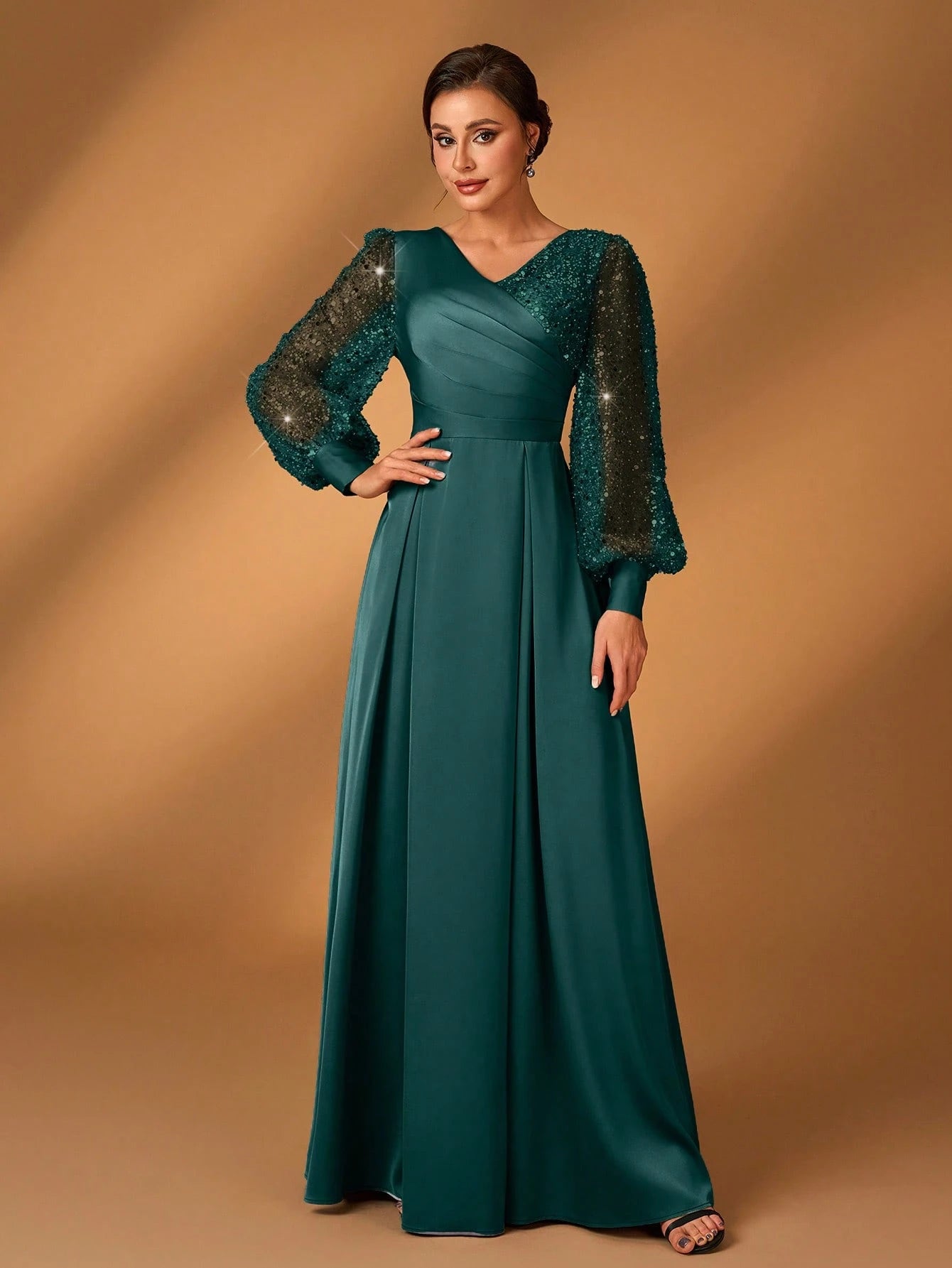 Serin Women's Navy Blue Winter Formal Elegant Evening Formal Glitter Sequins & Satin Mixed Lantern Sleeve - image 14