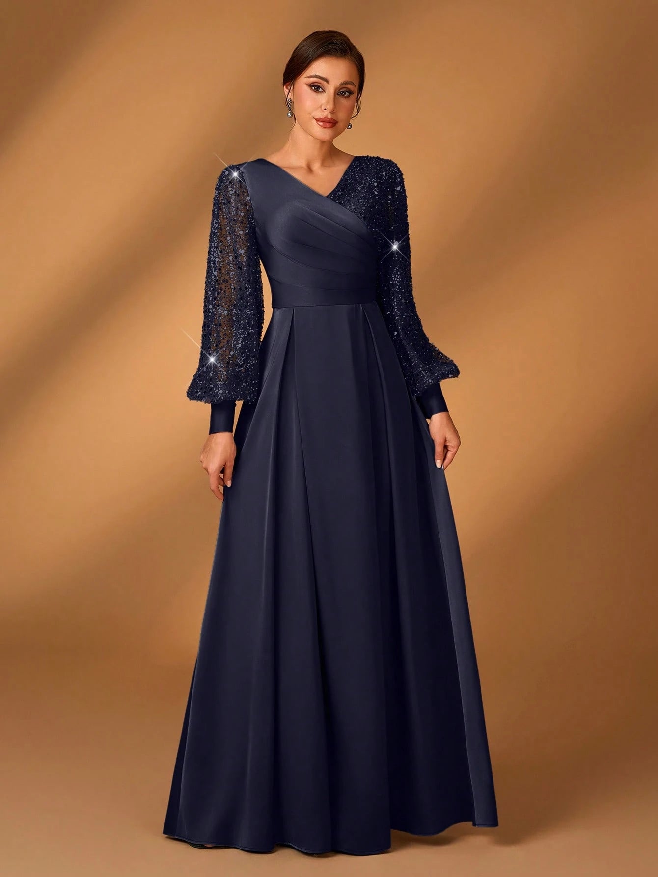 Serin Women's Navy Blue Winter Formal Elegant Evening Formal Glitter Sequins & Satin Mixed Lantern Sleeve - image 15