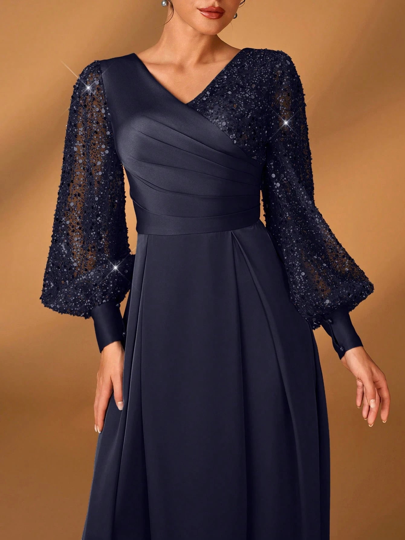 Serin Women's Navy Blue Winter Formal Elegant Evening Formal Glitter Sequins & Satin Mixed Lantern Sleeve - image 16