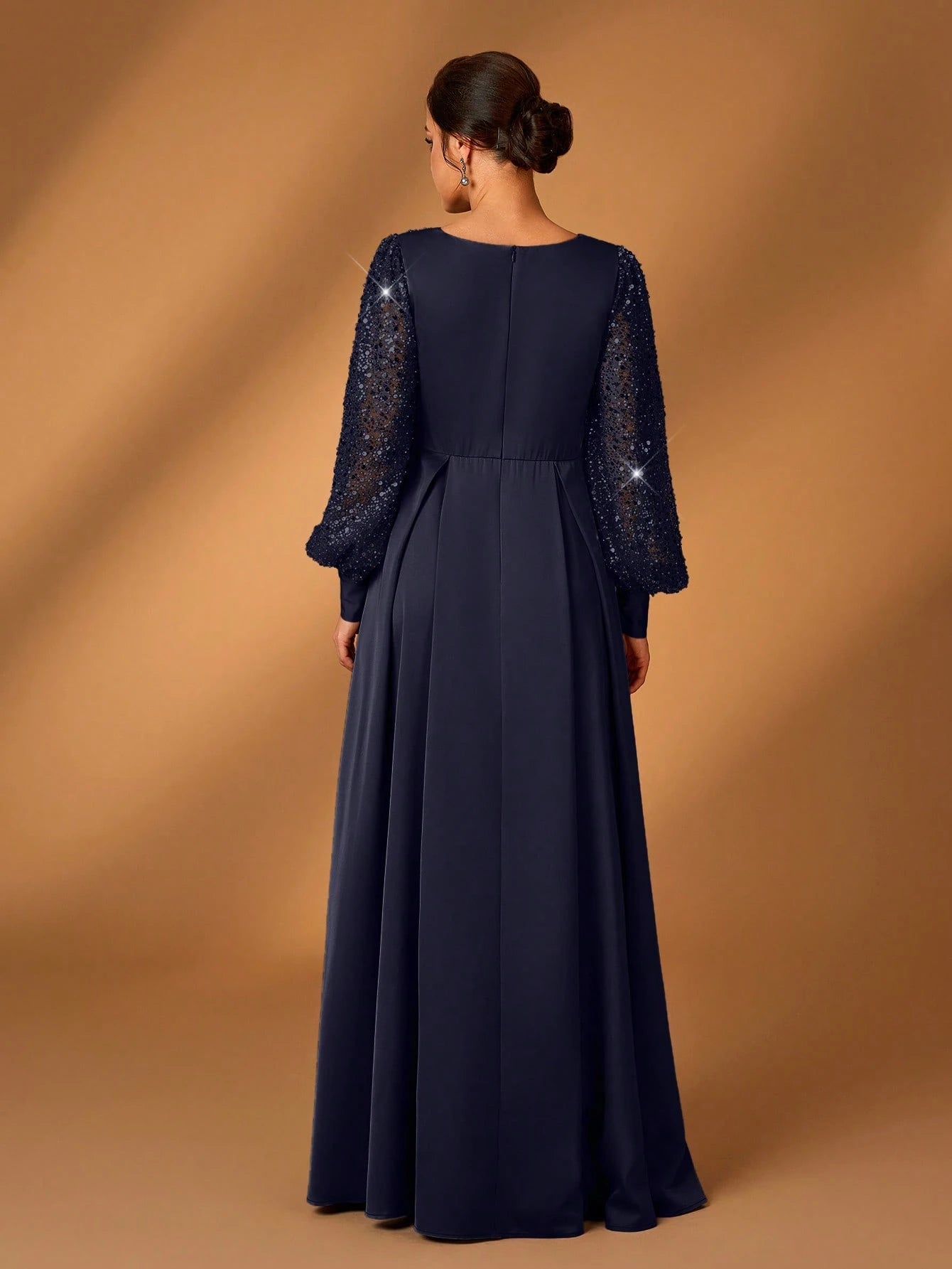 Serin Women's Navy Blue Winter Formal Elegant Evening Formal Glitter Sequins & Satin Mixed Lantern Sleeve - image 17