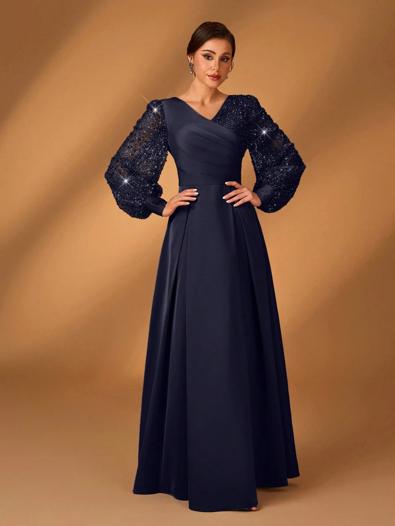 Serin Women's Navy Blue Winter Formal Elegant Evening Formal Glitter Sequins & Satin Mixed Lantern Sleeve - image 18