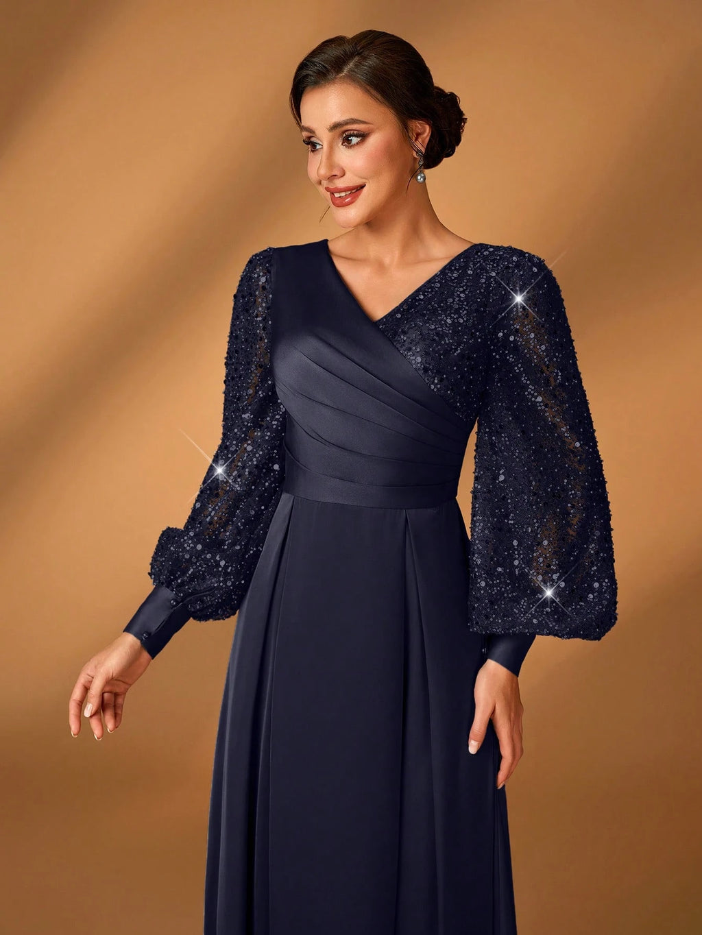 Serin Women's Navy Blue Winter Formal Elegant Evening Formal Glitter Sequins & Satin Mixed Lantern Sleeve - image 19