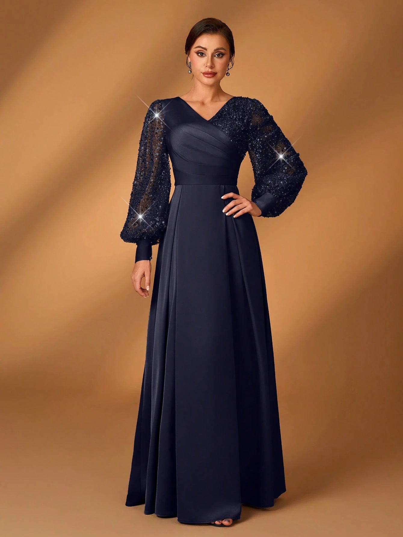 Serin Women's Navy Blue Winter Formal Elegant Evening Formal Glitter Sequins & Satin Mixed Lantern Sleeve - image 20