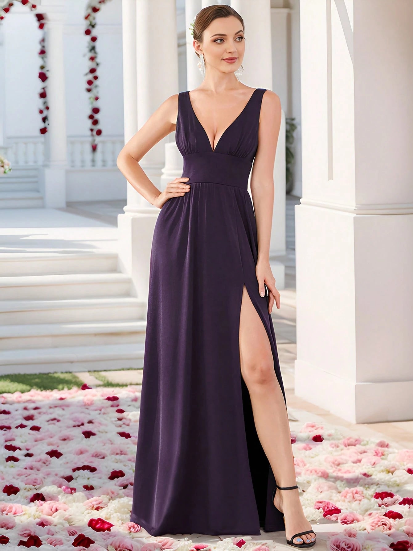 EVERPRETTY Sexy V-Neck Slit Orange Bridesmaid Dress, Elegant Wedding