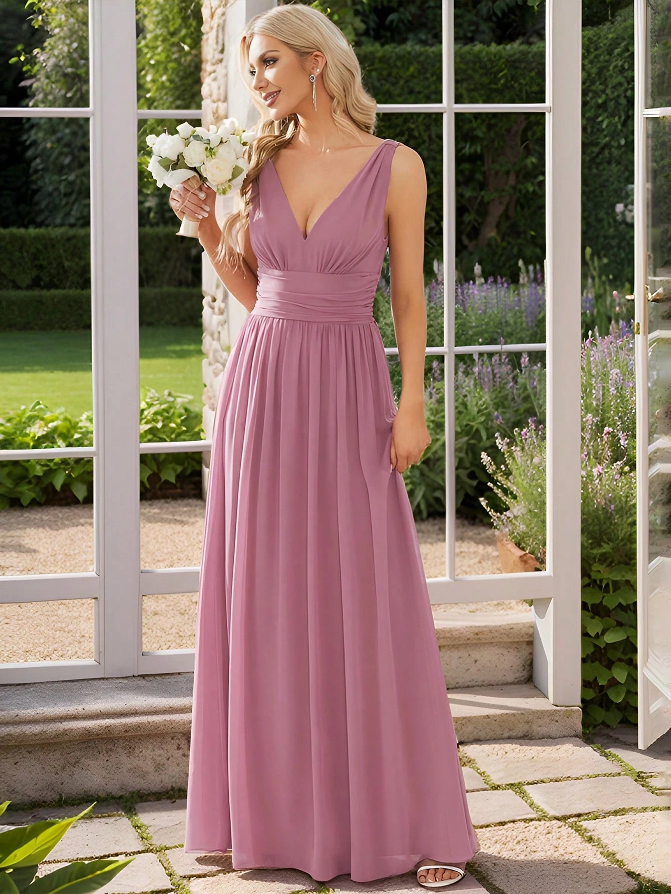 Elegant Chiffon V-Neck Sleeveless Ruched Long Black Bridesmaid Dress,