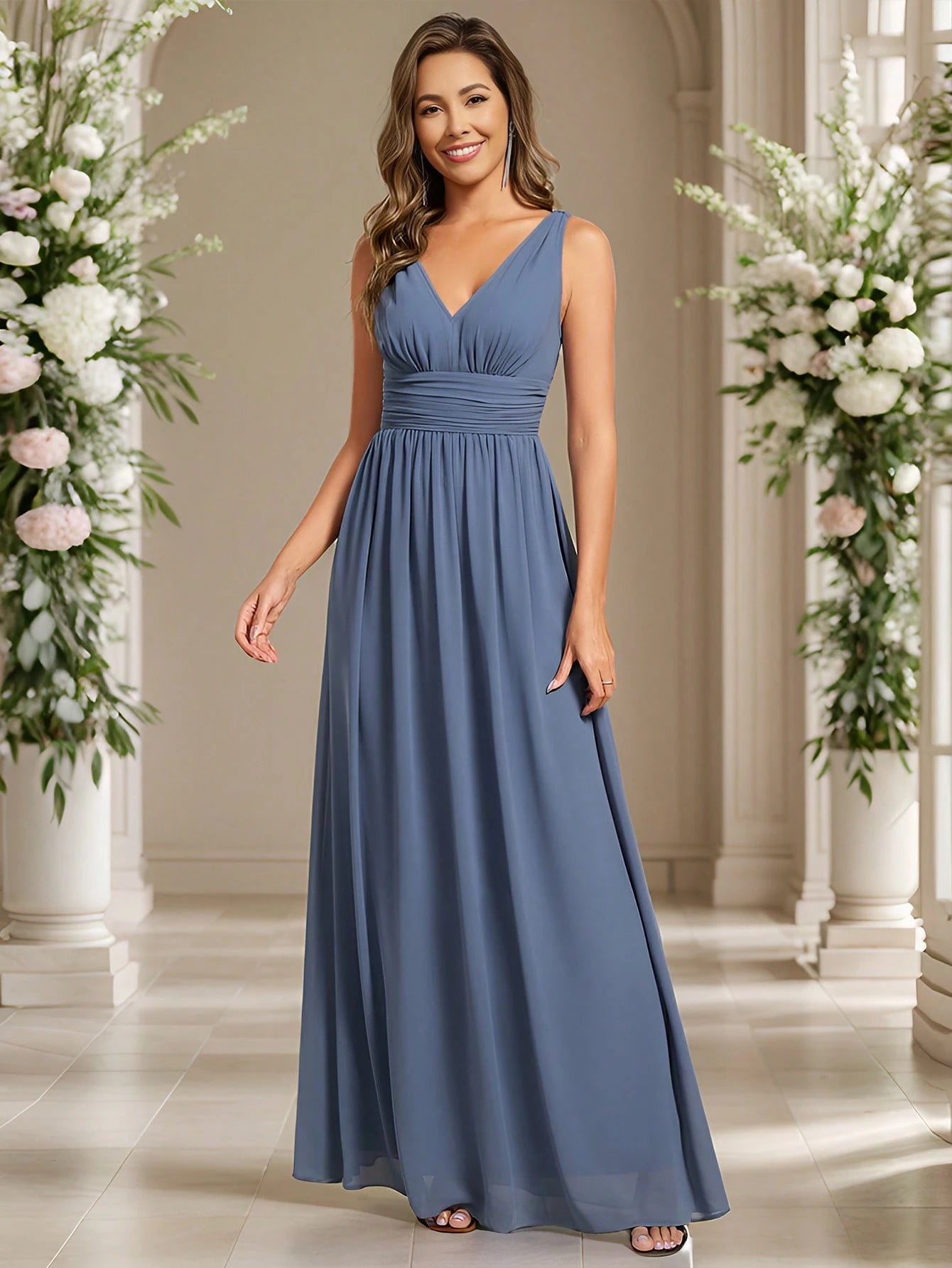 Elegant Chiffon V-Neck Sleeveless Ruched Long Black Bridesmaid Dress,