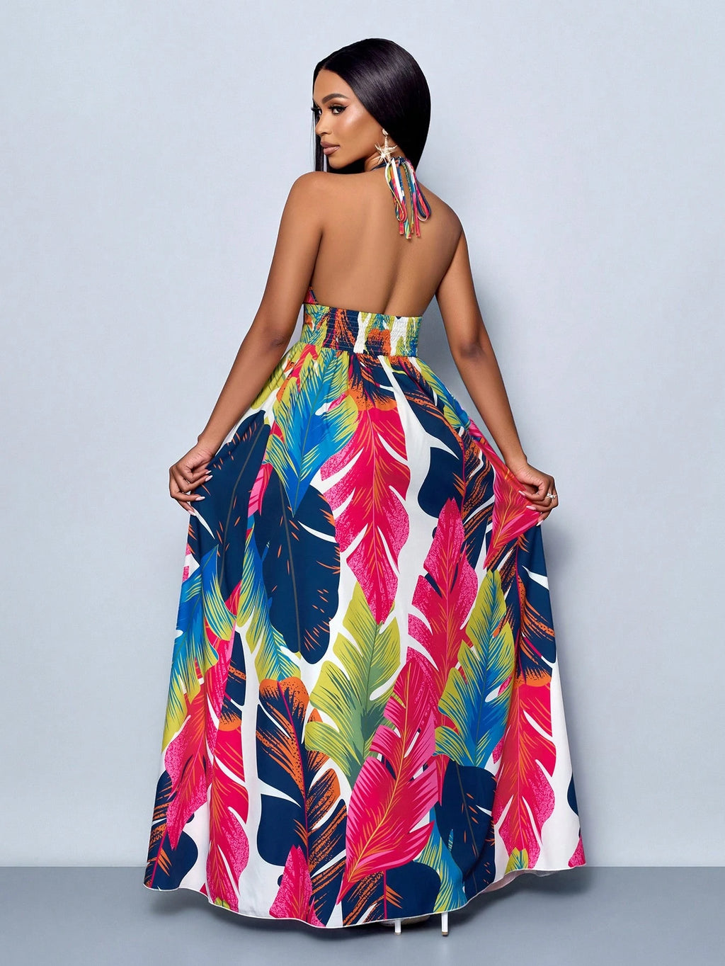 SOLERSUN Women Casual Holiday Deep V Neck Backless Ruched Split Thigh Maxi Dress With Botanical Print - image 8