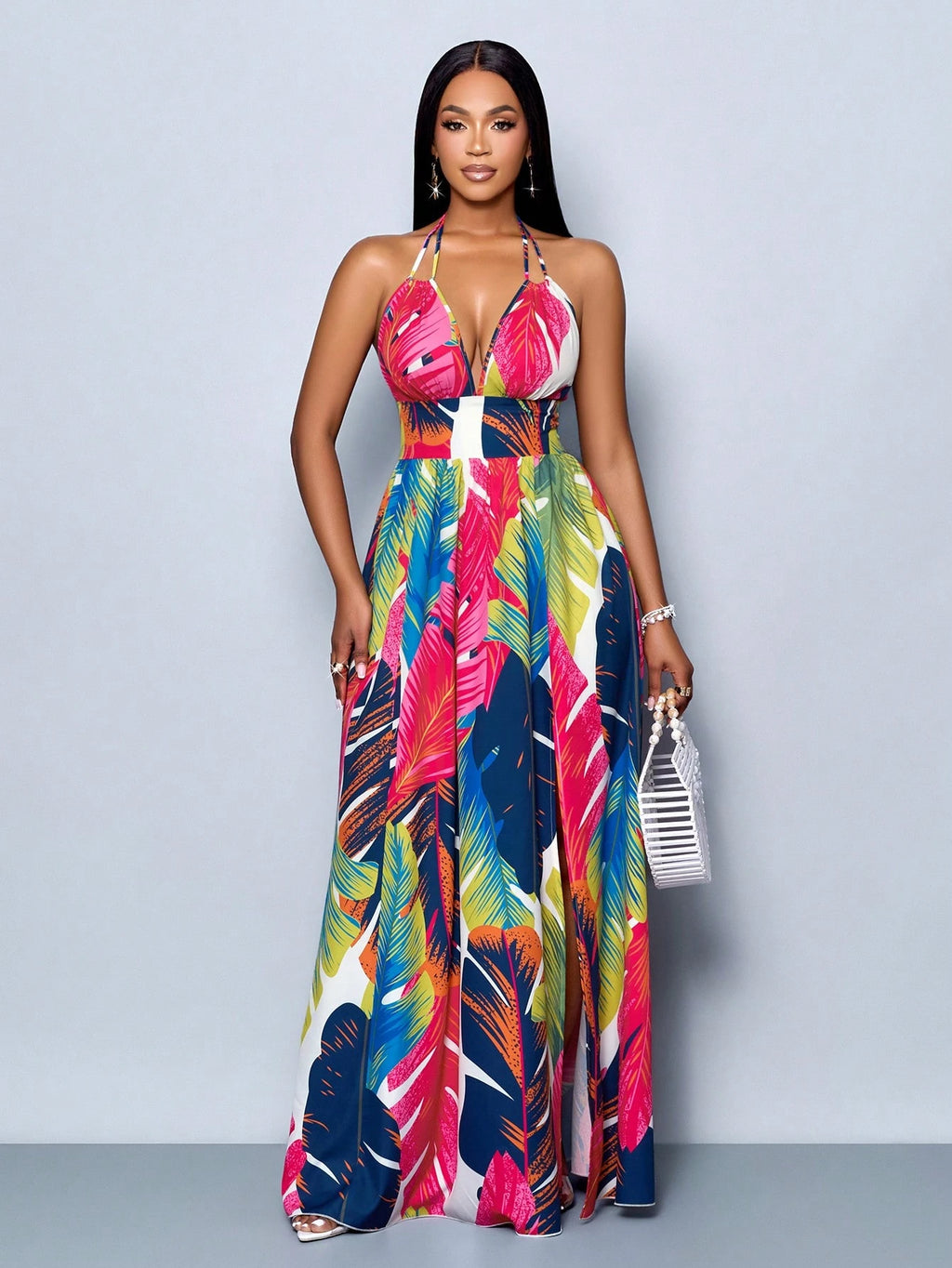 SOLERSUN Women Casual Holiday Deep V Neck Backless Ruched Split Thigh Maxi Dress With Botanical Print - image 9