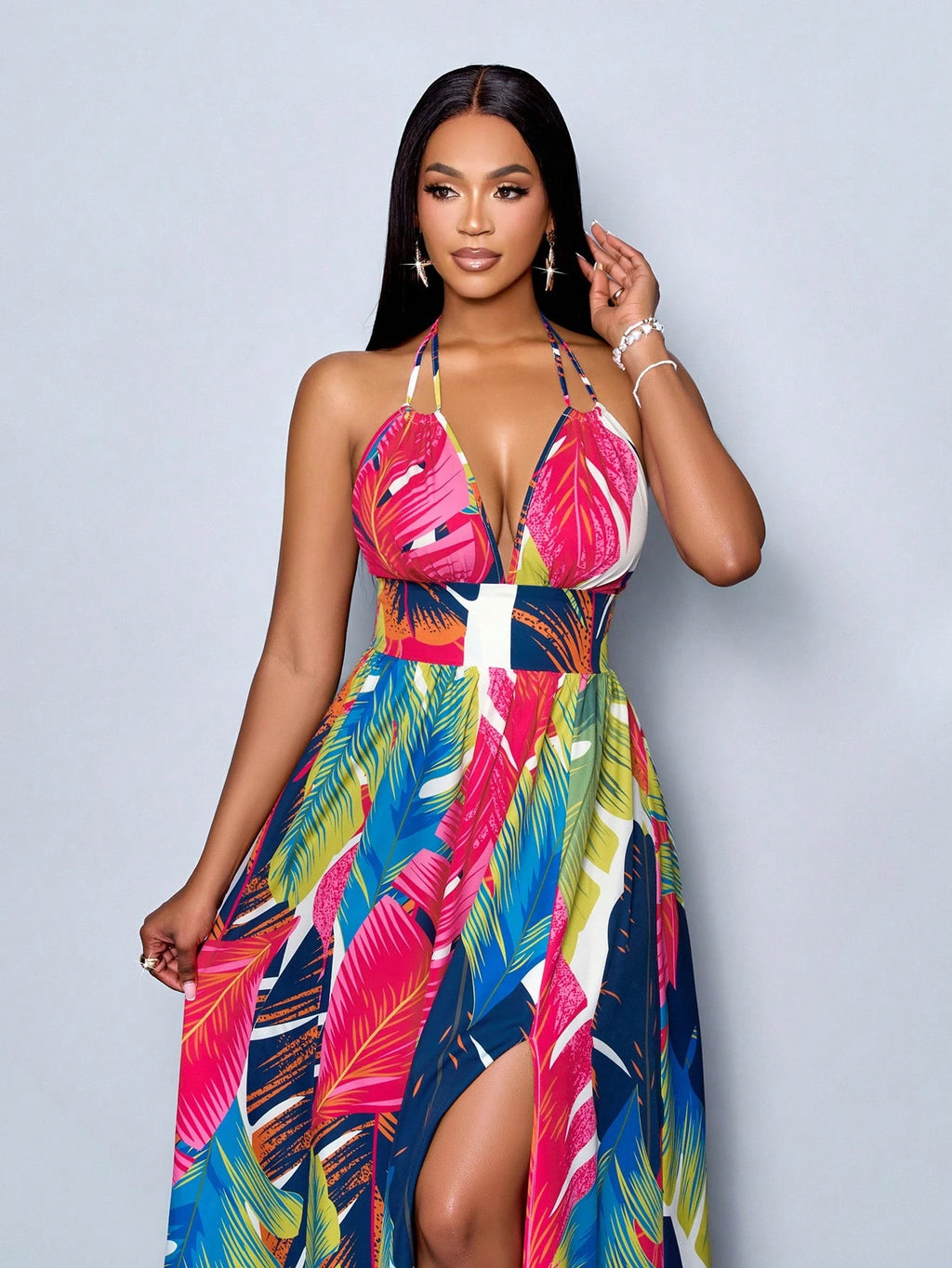 SOLERSUN Women Casual Holiday Deep V Neck Backless Ruched Split Thigh Maxi Dress With Botanical Print - image 11
