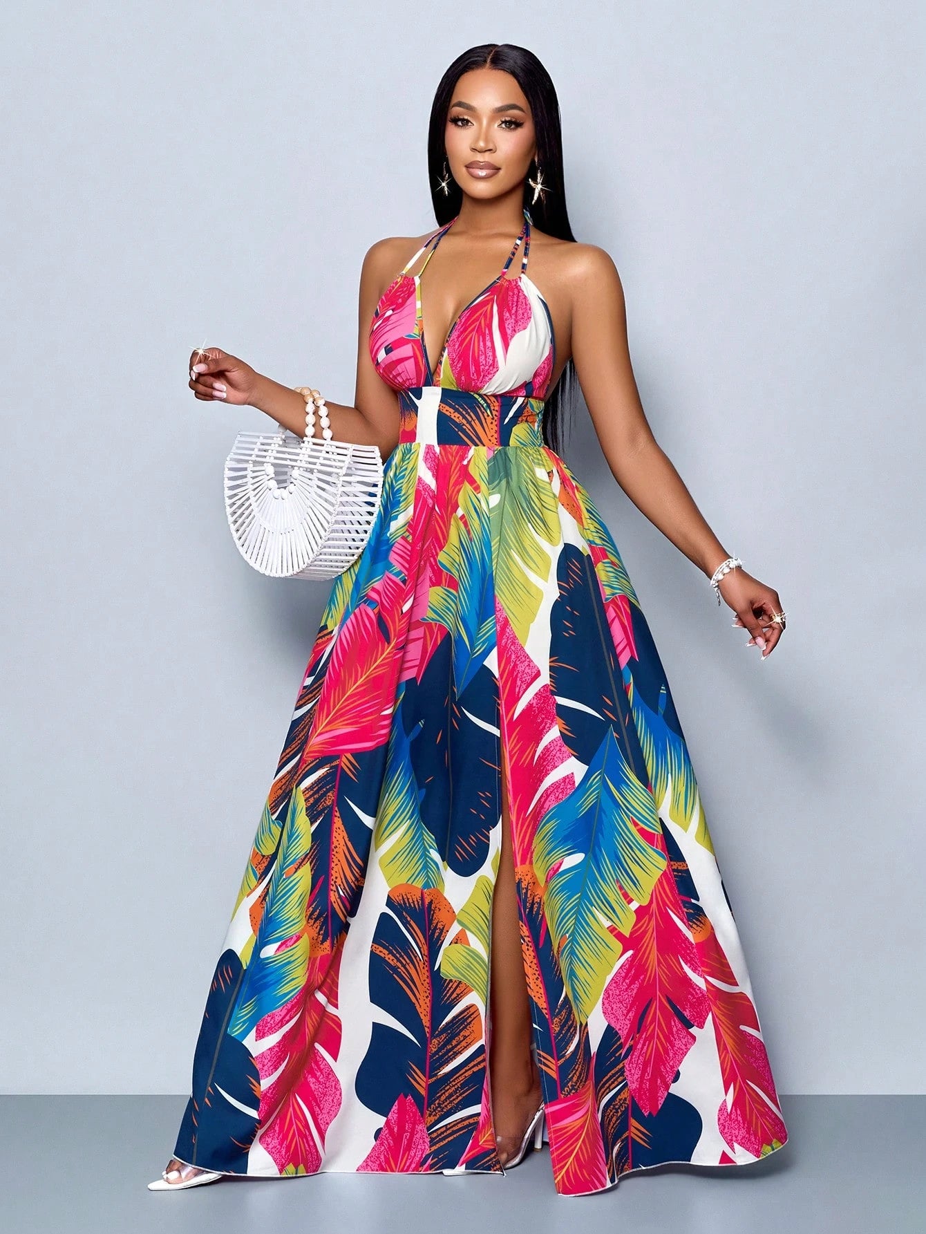 SOLERSUN Women Casual Holiday Deep V Neck Backless Ruched Split Thigh Maxi Dress With Botanical Print - image 12
