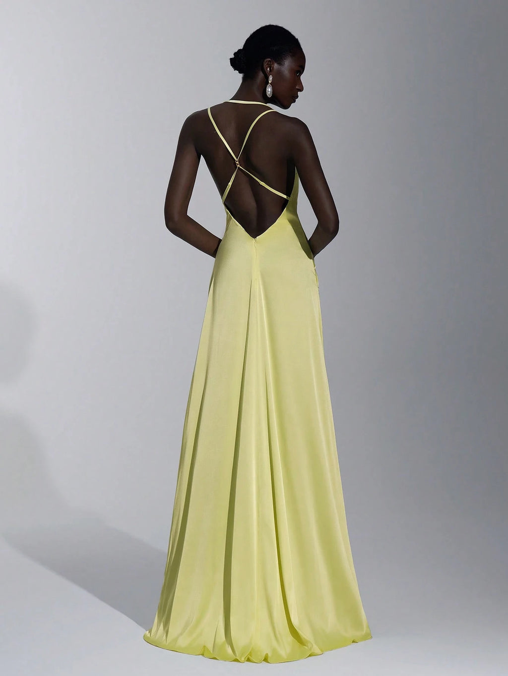 Elitara Elegant Light Yellow Spring Gloss Satin Spaghetti Strap Dress,Handmade Metal Bead Hanging Neck A-Line - image 2