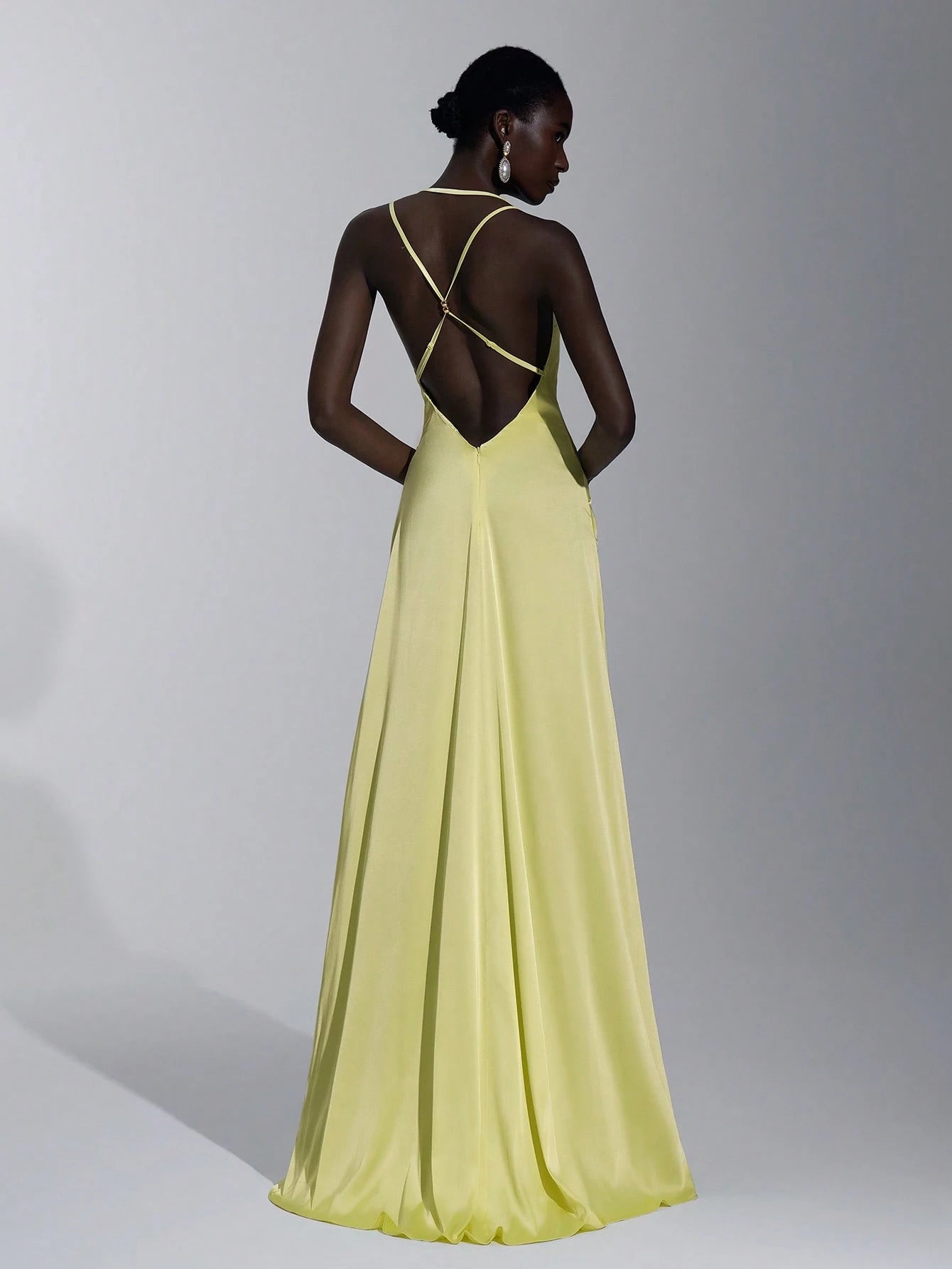 Elitara Elegant Light Yellow Spring Gloss Satin Spaghetti Strap Dress,Handmade Metal Bead Hanging Neck A-Line - image 2
