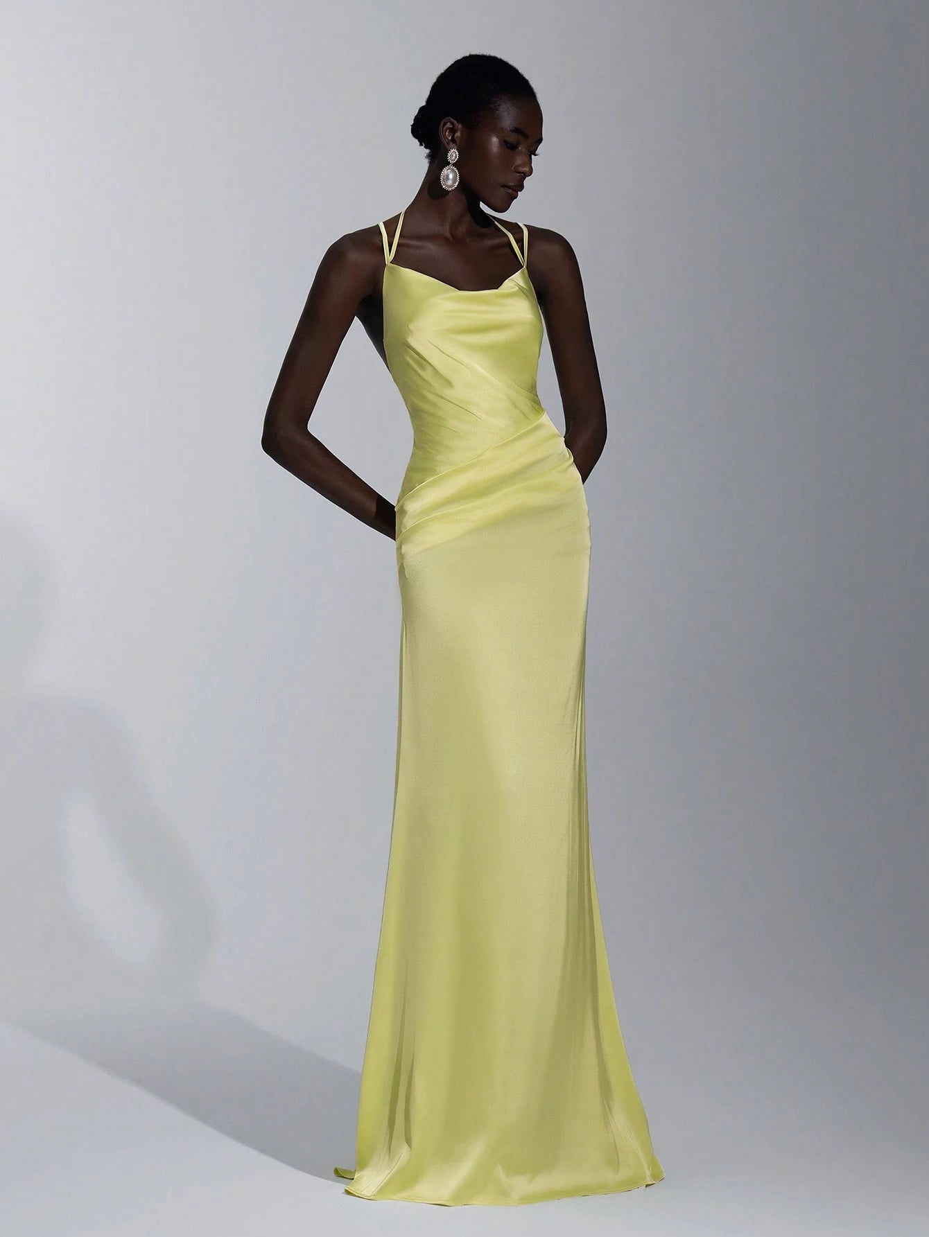 Elitara Elegant Light Yellow Spring Gloss Satin Spaghetti Strap Dress,Handmade Metal Bead Hanging Neck A-Line