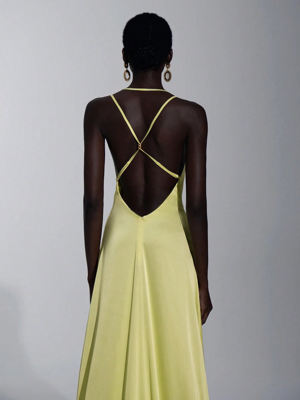 Elitara Elegant Light Yellow Spring Gloss Satin Spaghetti Strap Dress,Handmade Metal Bead Hanging Neck A-Line - image 3