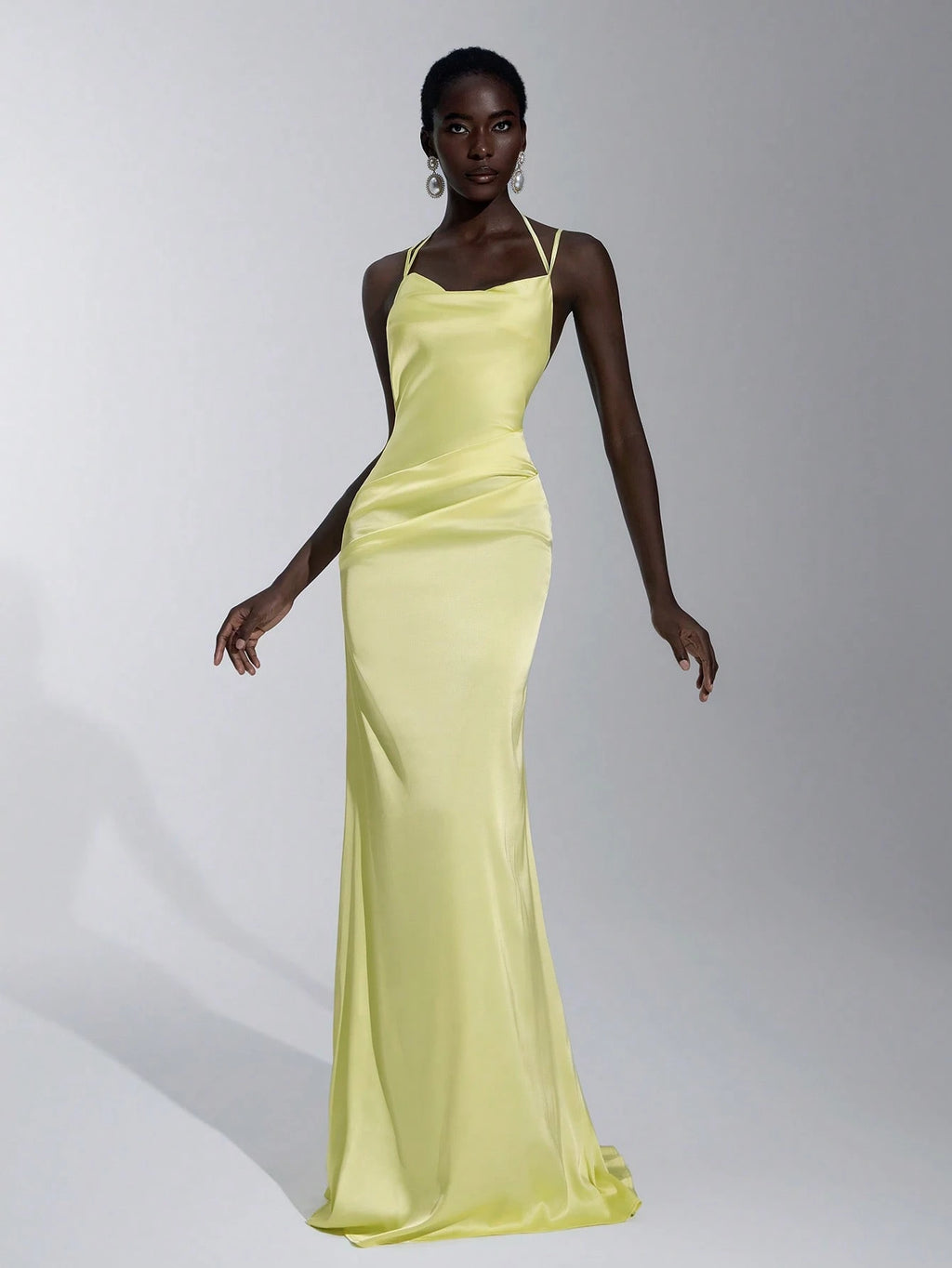 Elitara Elegant Light Yellow Spring Gloss Satin Spaghetti Strap Dress,Handmade Metal Bead Hanging Neck A-Line - image 4