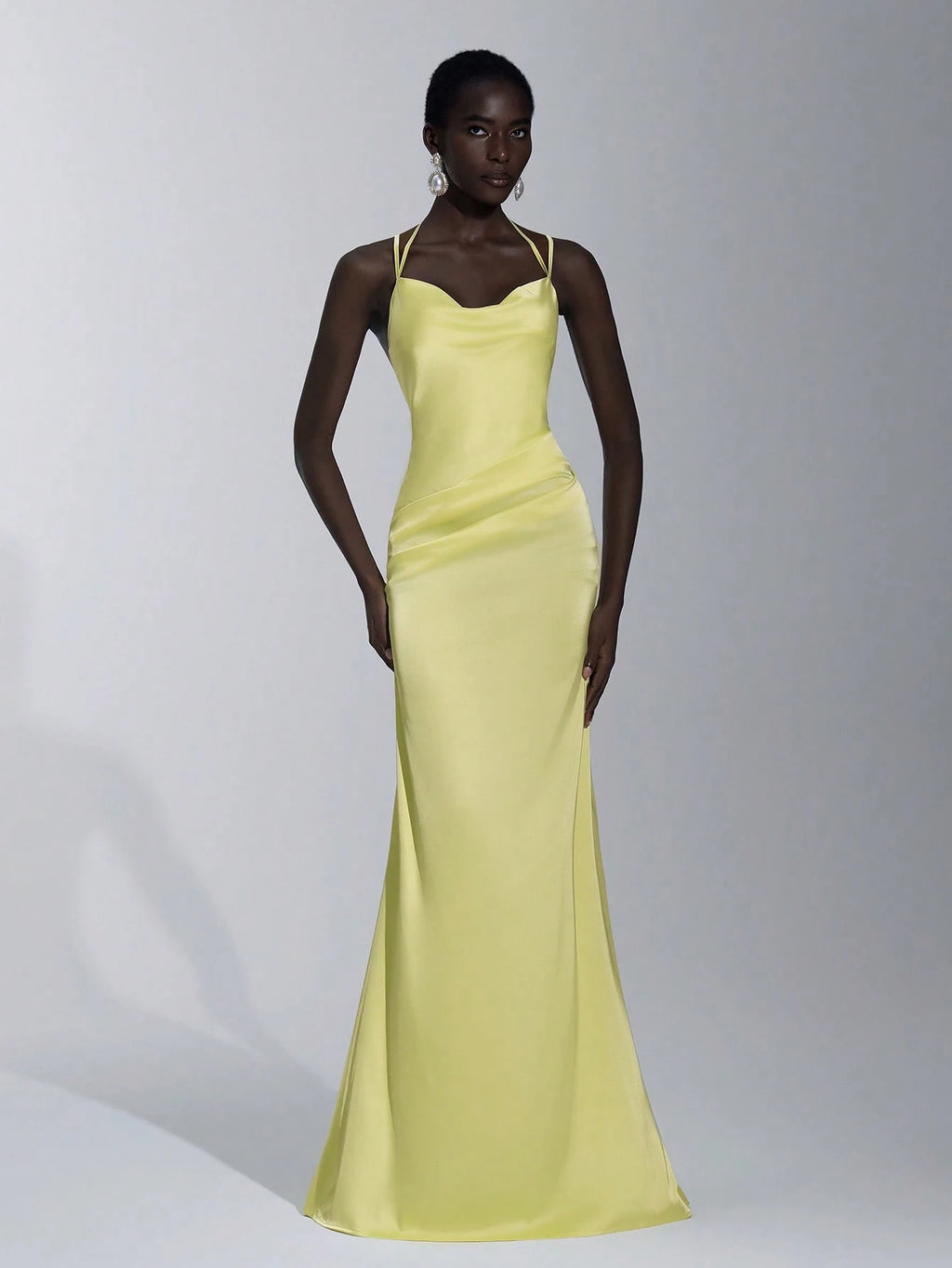 Elitara Elegant Light Yellow Spring Gloss Satin Spaghetti Strap Dress,Handmade Metal Bead Hanging Neck A-Line - image 5