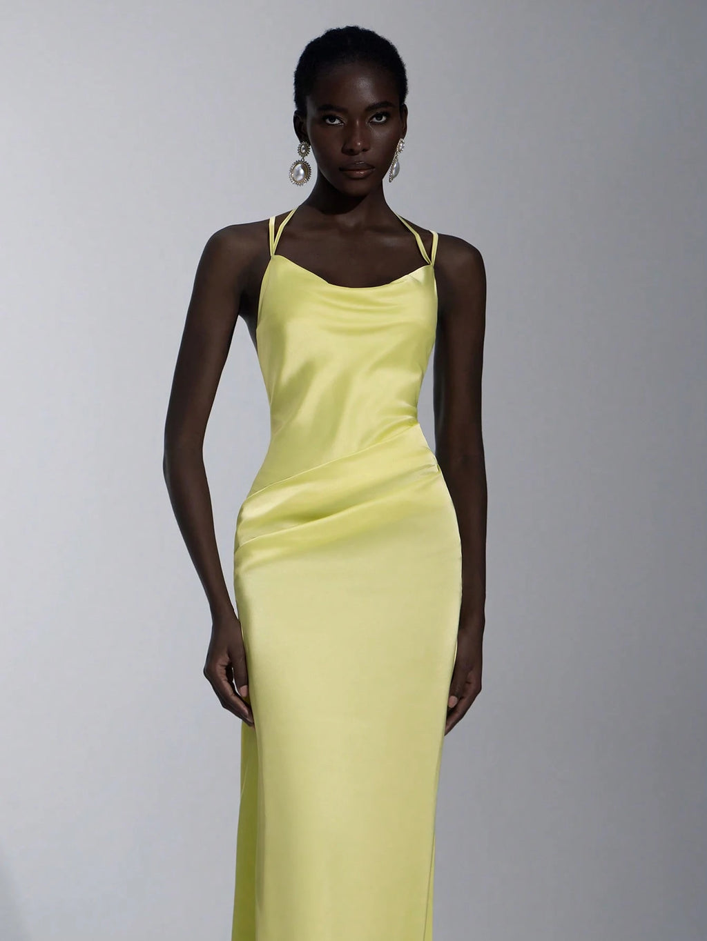 Elitara Elegant Light Yellow Spring Gloss Satin Spaghetti Strap Dress,Handmade Metal Bead Hanging Neck A-Line - image 6
