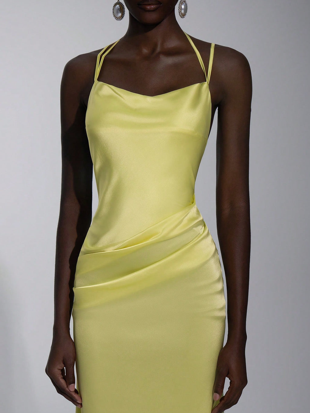 Elitara Elegant Light Yellow Spring Gloss Satin Spaghetti Strap Dress,Handmade Metal Bead Hanging Neck A-Line - image 7