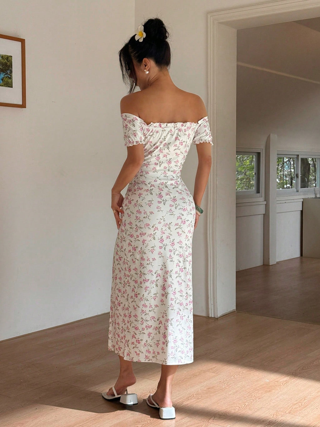 Sunnyshic Women Off Shoulder Split Ditsy Floral Dress