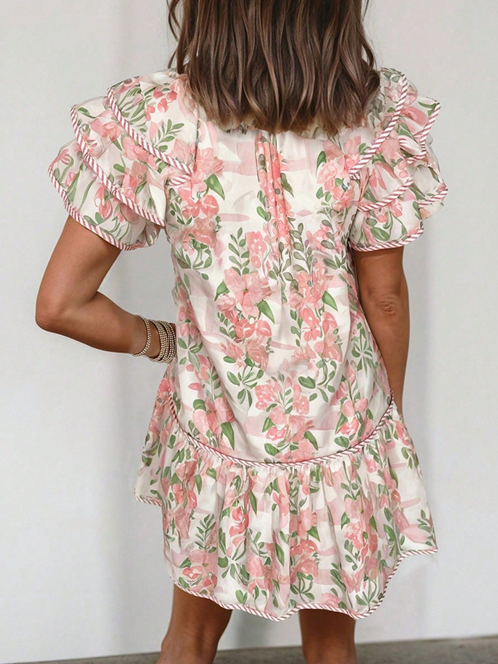 Acelitt Summer Light Blue Floral Contrast Edge Layered Short Sleeve