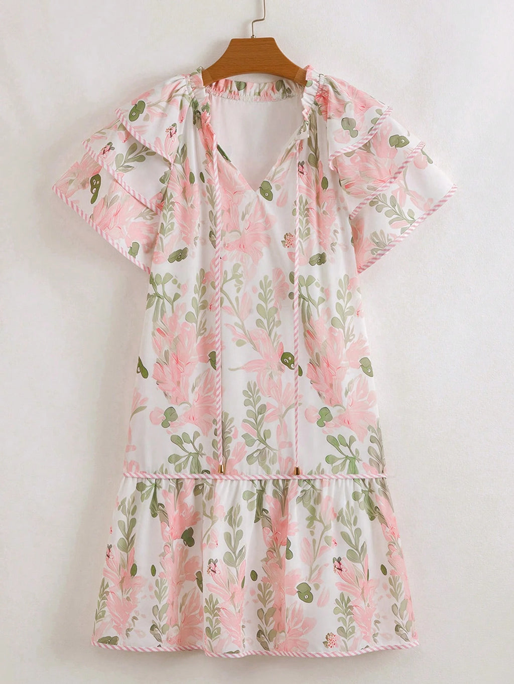 Acelitt Summer Light Blue Floral Contrast Edge Layered Short Sleeve
