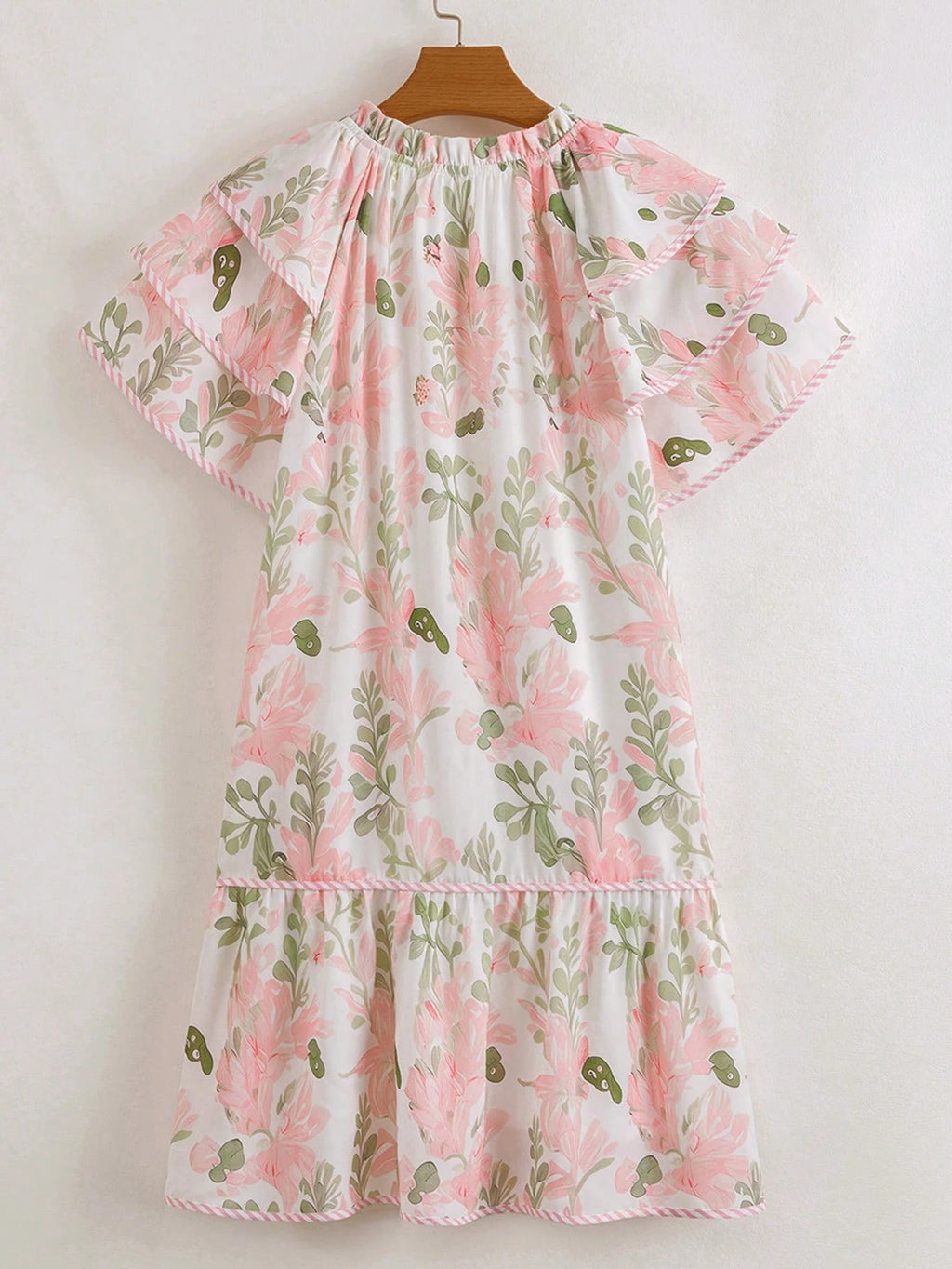 Acelitt Summer Light Blue Floral Contrast Edge Layered Short Sleeve