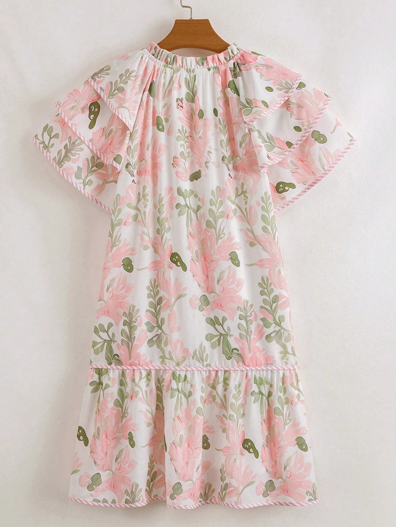 Acelitt Summer Light Blue Floral Contrast Edge Layered Short Sleeve
