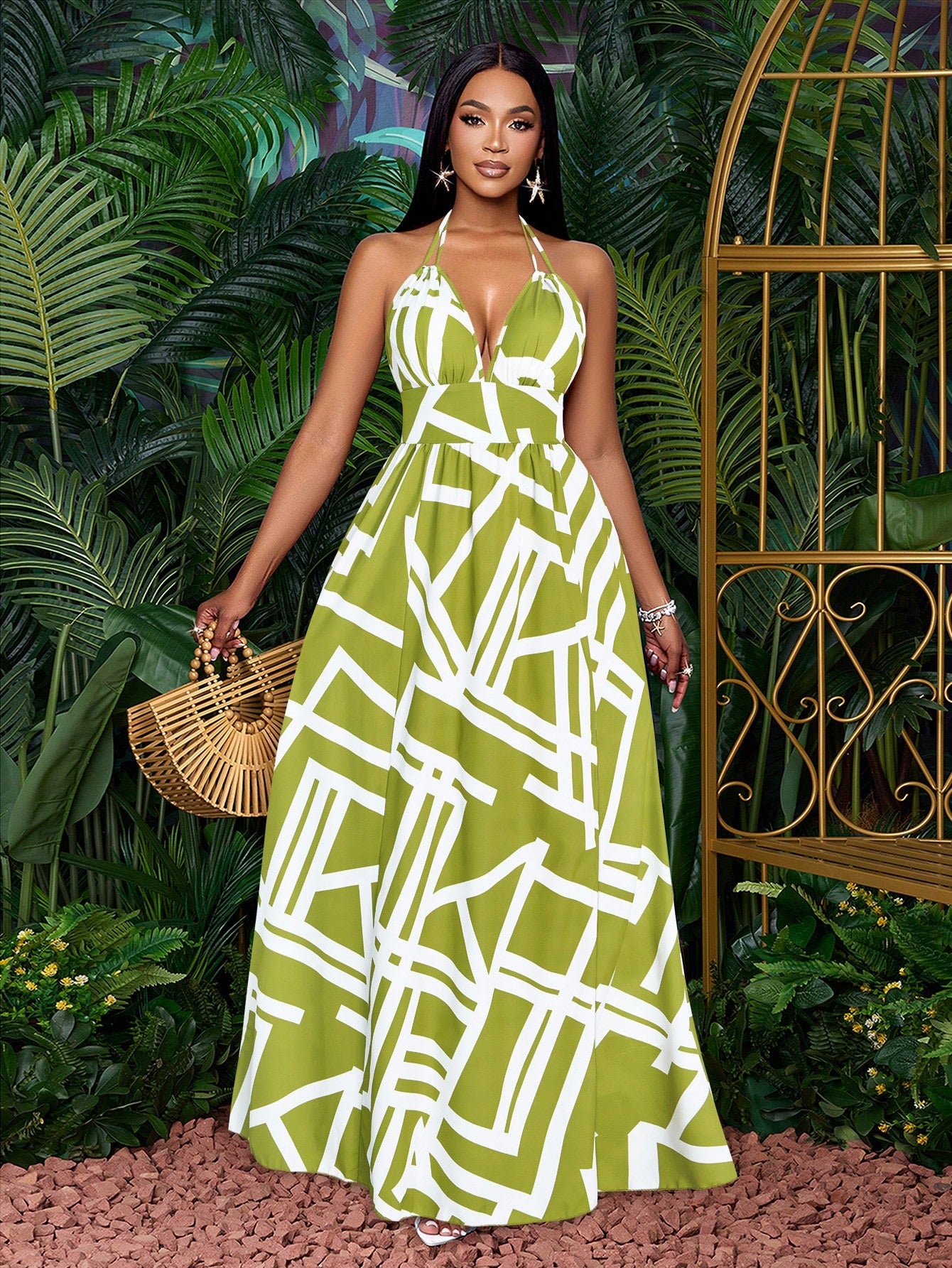 SOLERSUN Women Casual Holiday Deep V Neck Backless Ruched Split Thigh Maxi Dress With Botanical Print - image 4