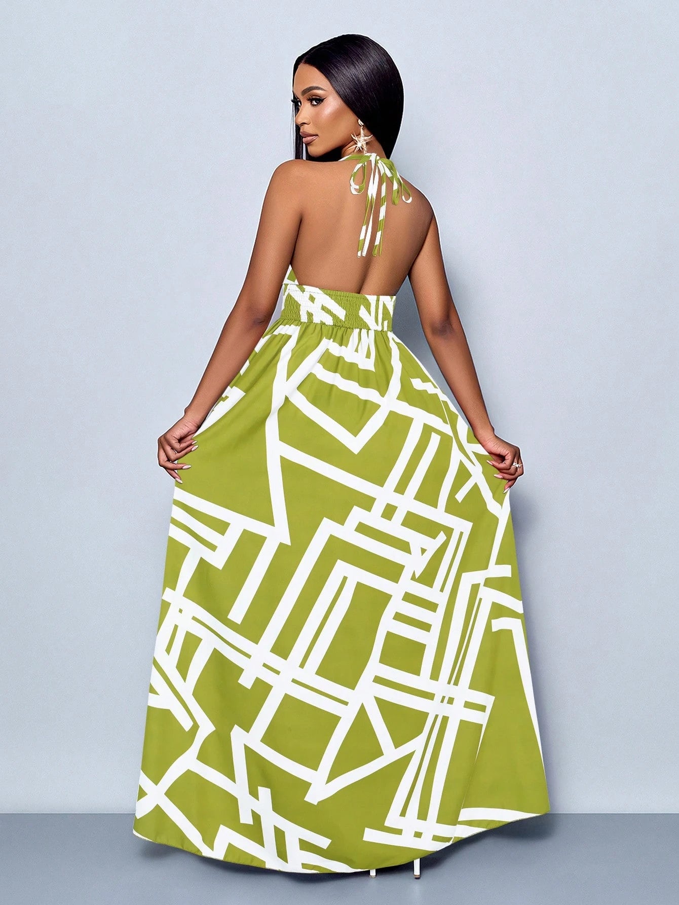 SOLERSUN Women Casual Holiday Deep V Neck Backless Ruched Split Thigh Maxi Dress With Botanical Print - image 2