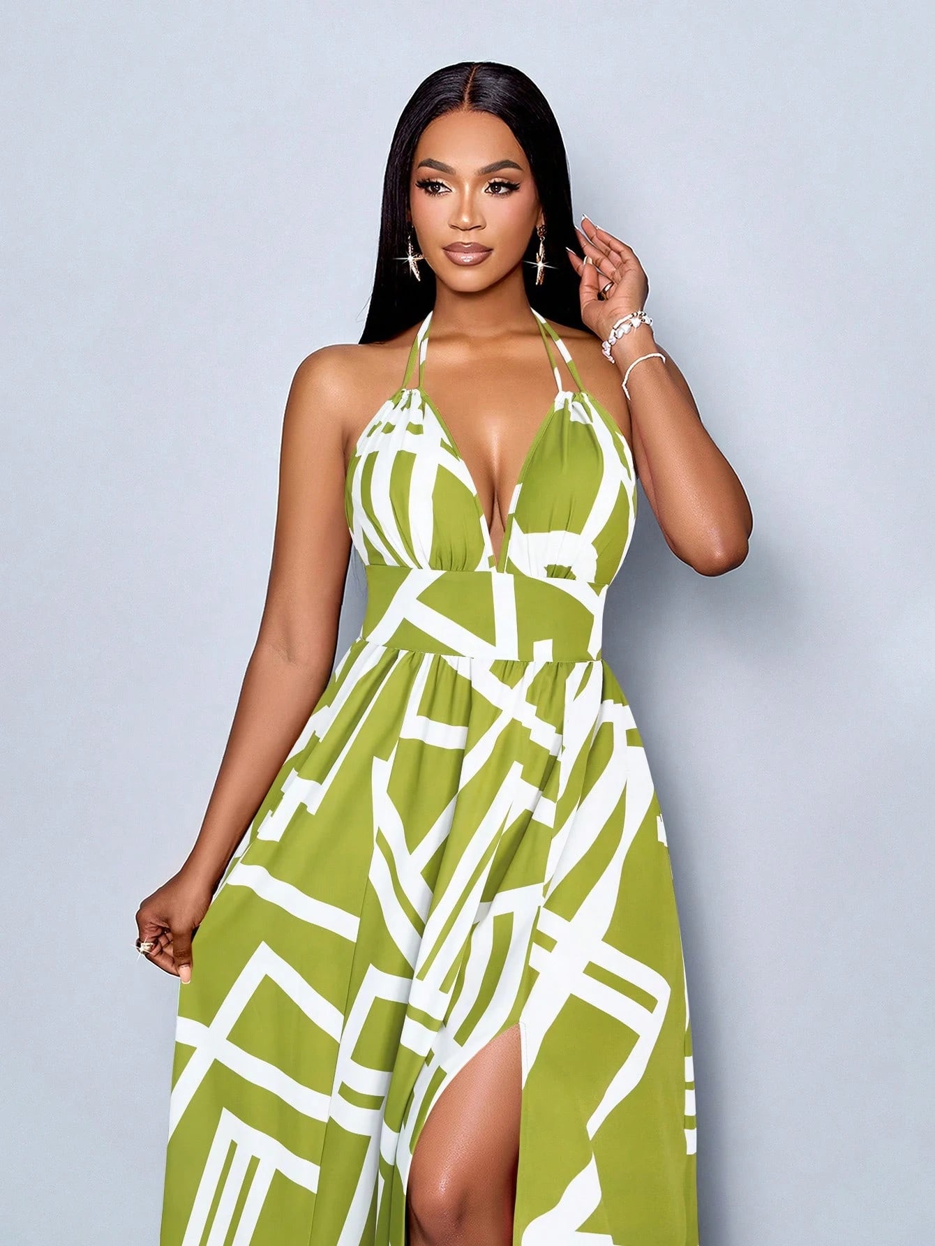 SOLERSUN Women Casual Holiday Deep V Neck Backless Ruched Split Thigh Maxi Dress With Botanical Print - image 3
