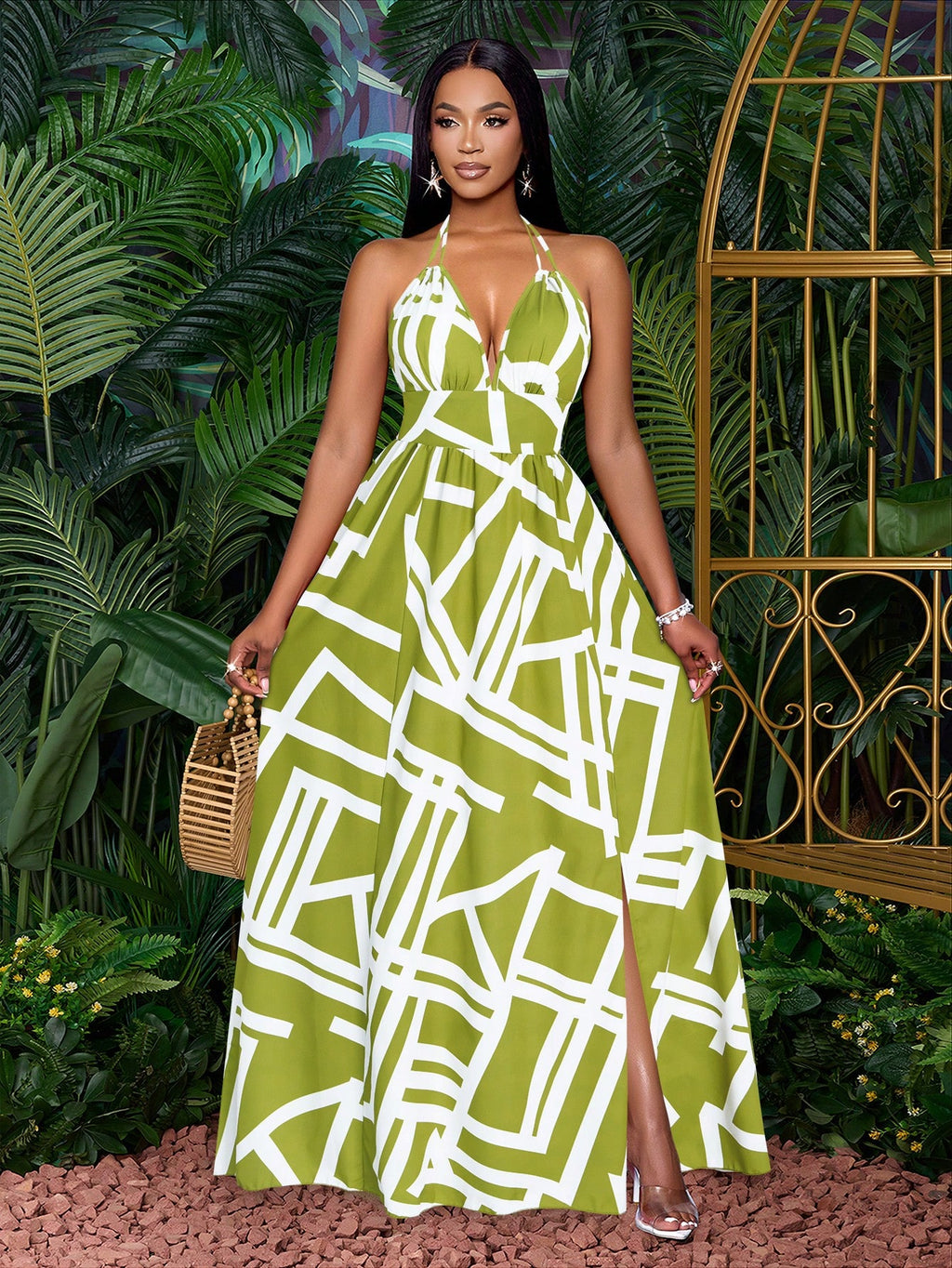 SOLERSUN Women Casual Holiday Deep V Neck Backless Ruched Split Thigh Maxi Dress With Botanical Print - image 5