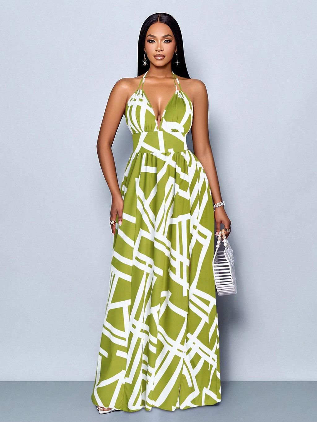 SOLERSUN Women Casual Holiday Deep V Neck Backless Ruched Split Thigh Maxi Dress With Botanical Print - image 6