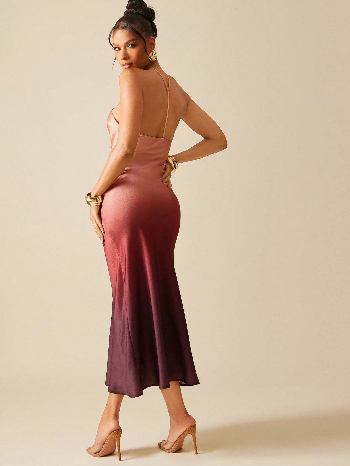 Hauture Ombre Satin Strappy Halter Backless Maxi Dress,Bodycon Dress - image 3