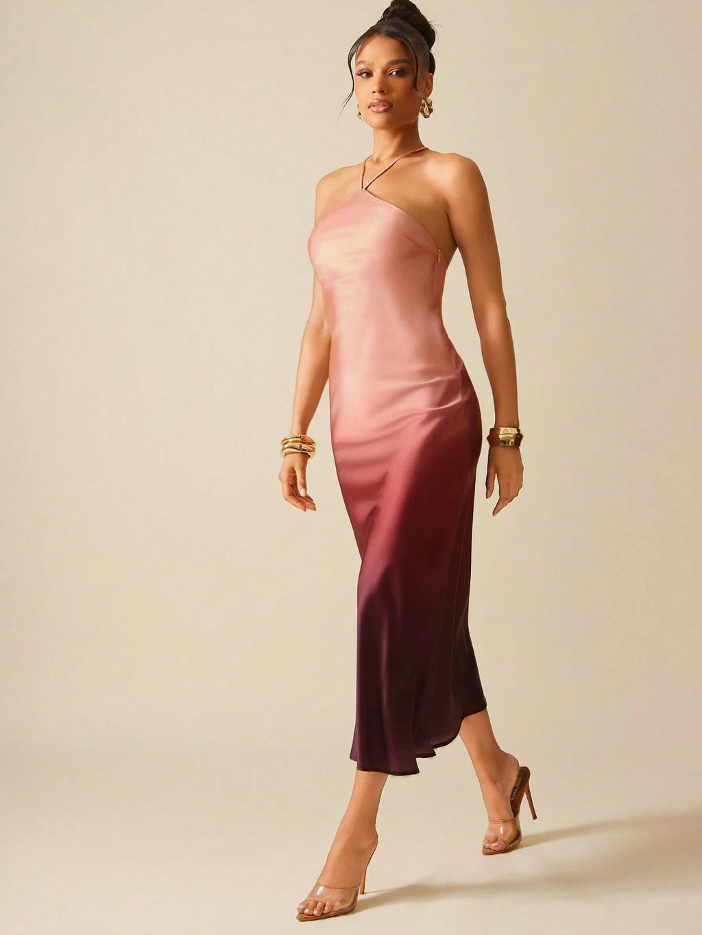 Hauture Ombre Satin Strappy Halter Backless Maxi Dress,Bodycon Dress - image 4