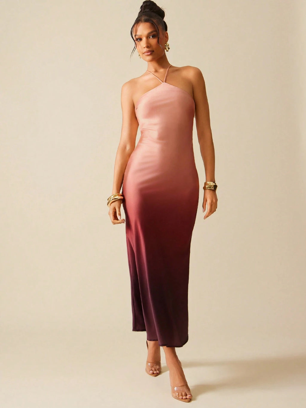 Hauture Ombre Satin Strappy Halter Backless Maxi Dress,Bodycon Dress - image 5