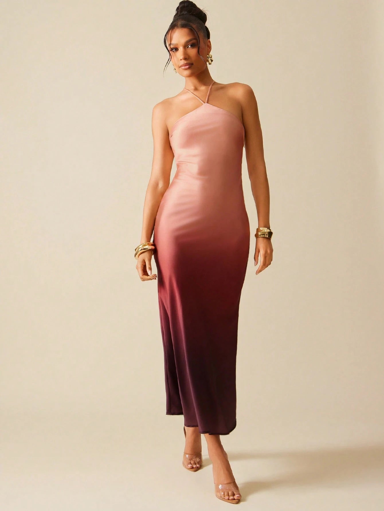 Hauture Ombre Satin Strappy Halter Backless Maxi Dress,Bodycon Dress - image 5