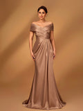 Serin Elegant Brown Winter Formal Evening Wedding Dress,Satin Off-Shoulder Criss-Cross Ruffled Mini Fishtail