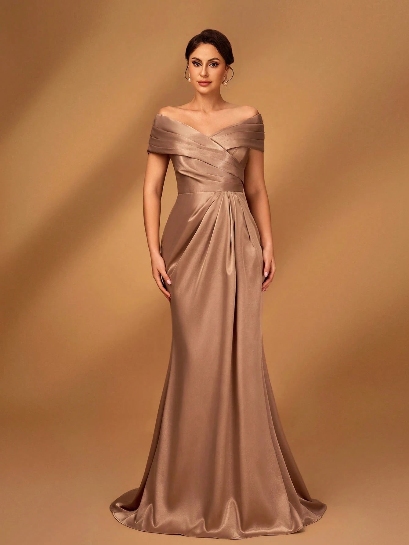 Serin Elegant Brown Winter Formal Evening Wedding Dress,Satin Off-Shoulder Criss-Cross Ruffled Mini Fishtail