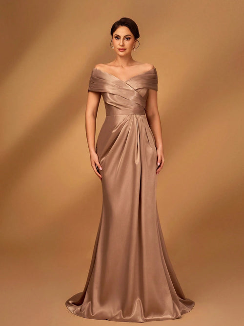 Serin Elegant Brown Winter Formal Evening Wedding Dress,Satin Off-Shoulder Criss-Cross Ruffled Mini Fishtail