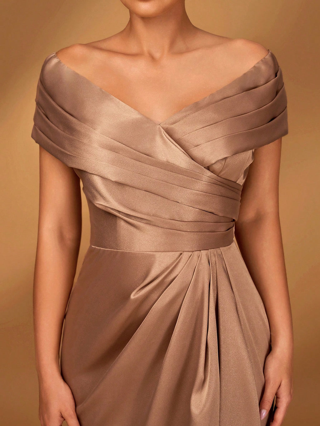 Serin Elegant Brown Winter Formal Evening Wedding Dress,Satin Off-Shoulder Criss-Cross Ruffled Mini Fishtail - image 2