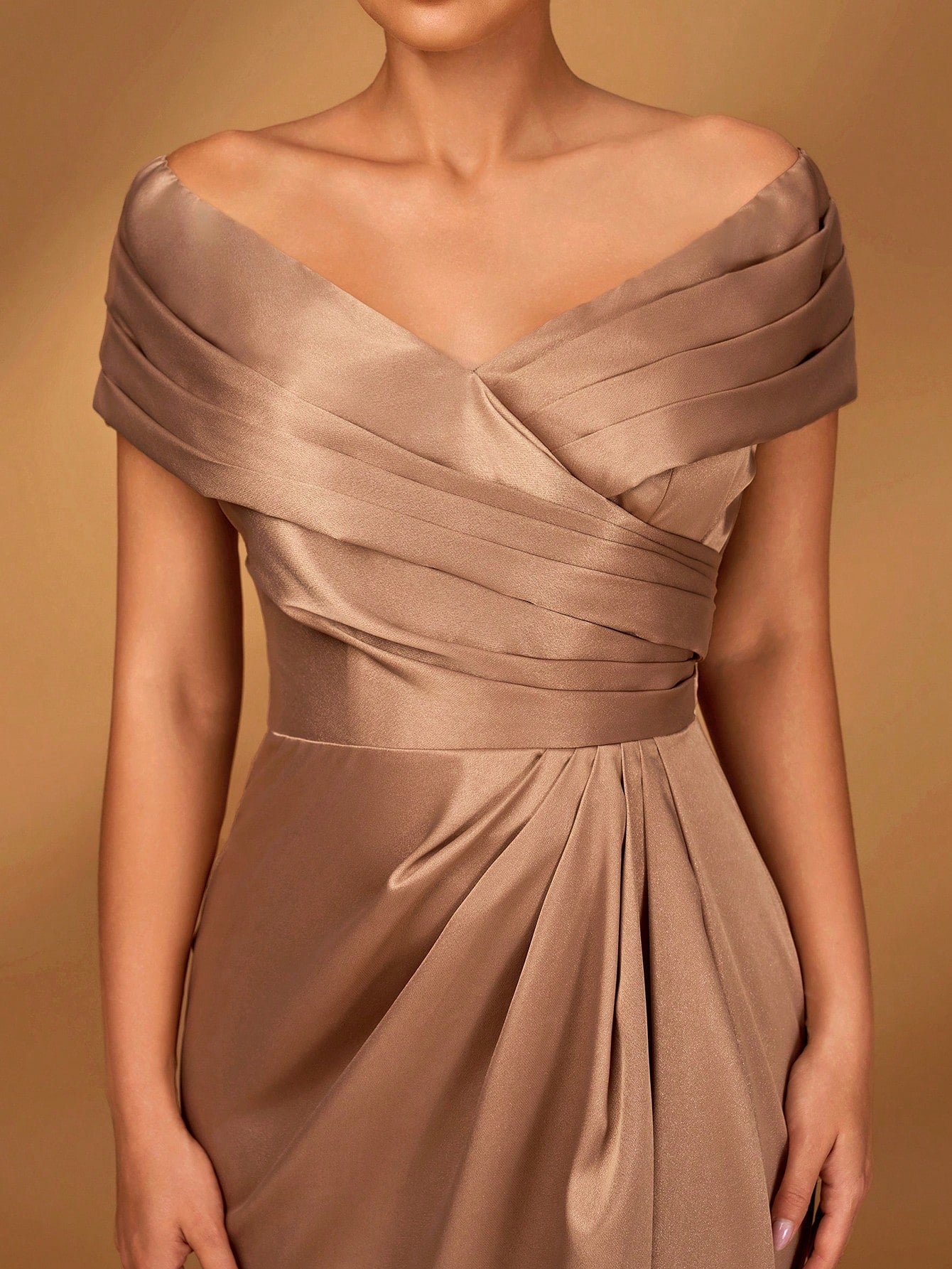 Serin Elegant Brown Winter Formal Evening Wedding Dress,Satin Off-Shoulder Criss-Cross Ruffled Mini Fishtail - image 2