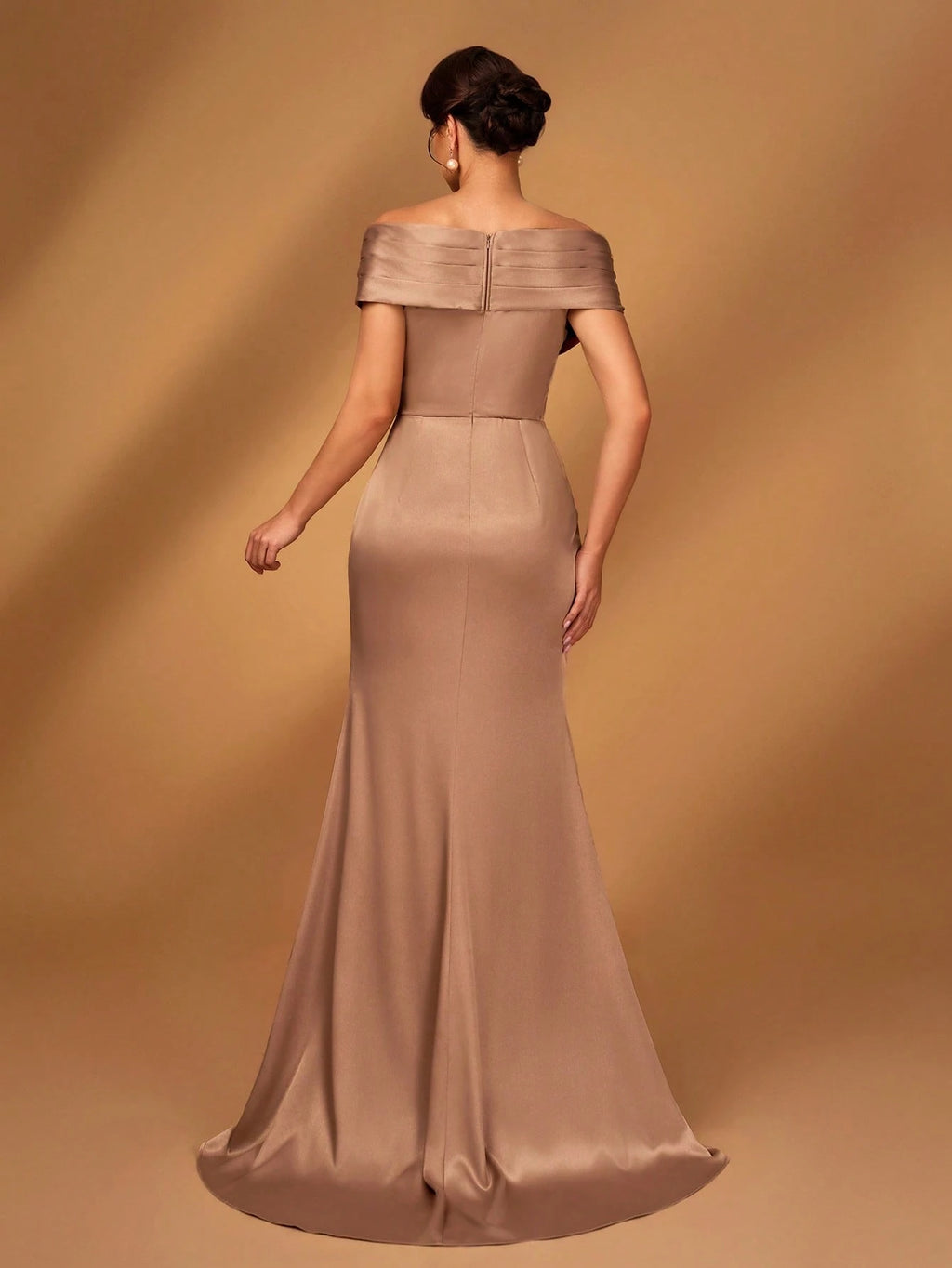 Serin Elegant Brown Winter Formal Evening Wedding Dress,Satin Off-Shoulder Criss-Cross Ruffled Mini Fishtail - image 3
