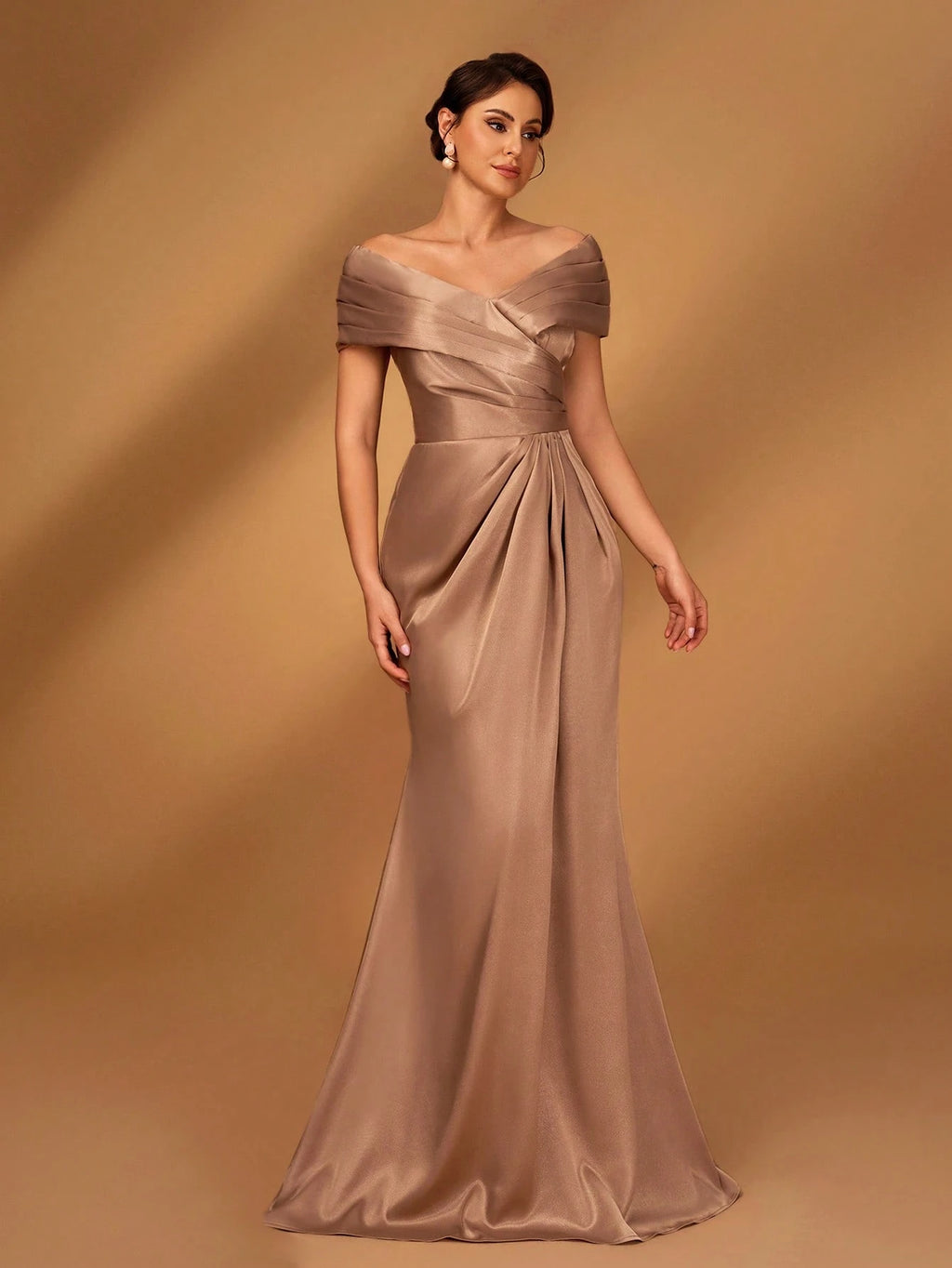 Serin Elegant Brown Winter Formal Evening Wedding Dress,Satin Off-Shoulder Criss-Cross Ruffled Mini Fishtail - image 4