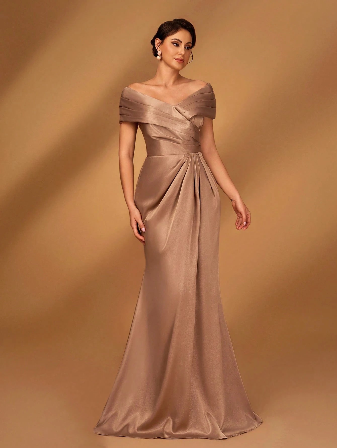 Serin Elegant Brown Winter Formal Evening Wedding Dress,Satin Off-Shoulder Criss-Cross Ruffled Mini Fishtail - image 4
