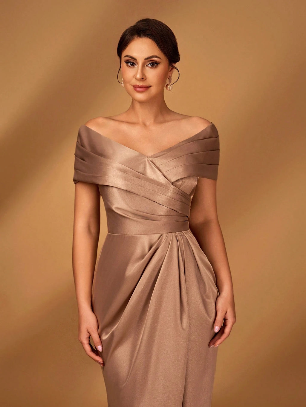 Serin Elegant Brown Winter Formal Evening Wedding Dress,Satin Off-Shoulder Criss-Cross Ruffled Mini Fishtail - image 5