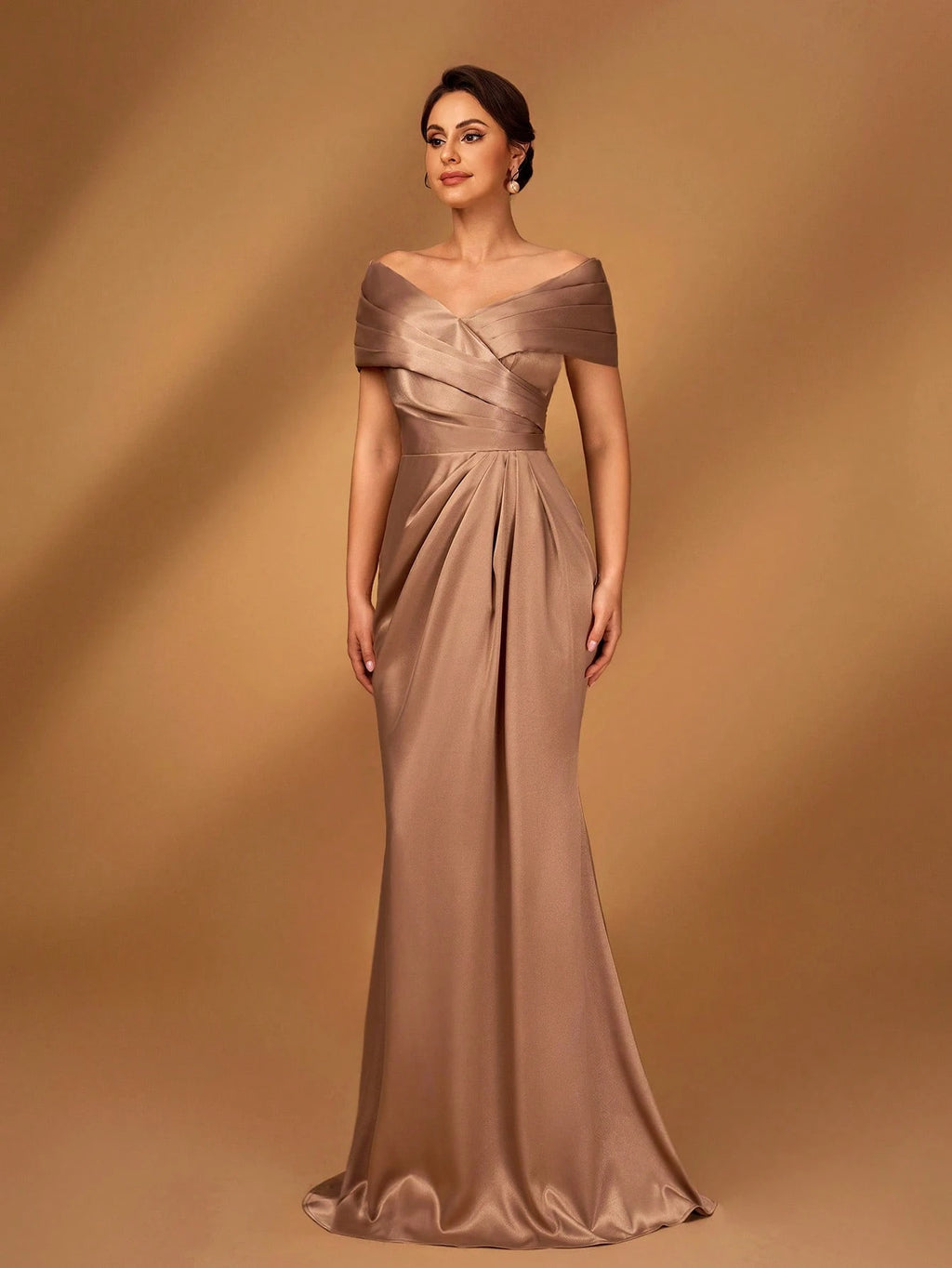 Serin Elegant Brown Winter Formal Evening Wedding Dress,Satin Off-Shoulder Criss-Cross Ruffled Mini Fishtail - image 6