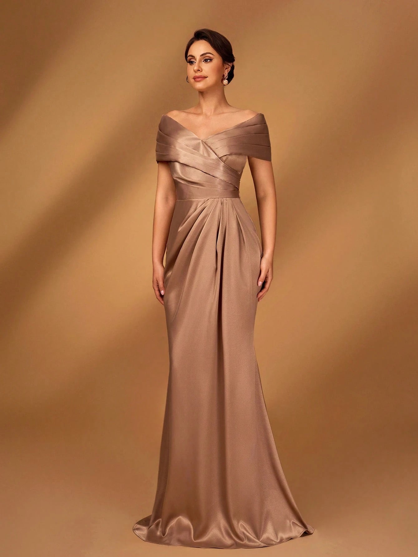 Serin Elegant Brown Winter Formal Evening Wedding Dress,Satin Off-Shoulder Criss-Cross Ruffled Mini Fishtail - image 6