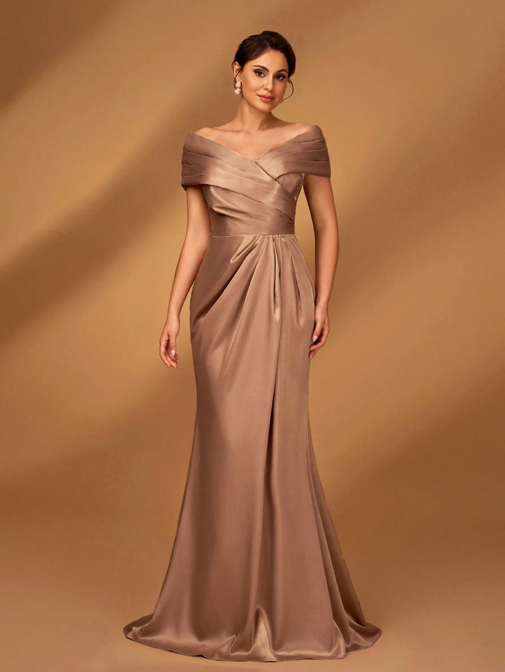 Serin Elegant Brown Winter Formal Evening Wedding Dress,Satin Off-Shoulder Criss-Cross Ruffled Mini Fishtail - image 7